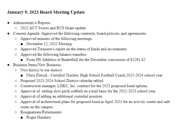 January 9, 2023 Board Meeting Update