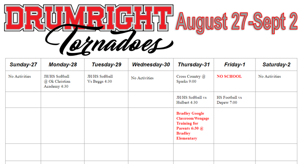 Activities for August 27-Sept 2