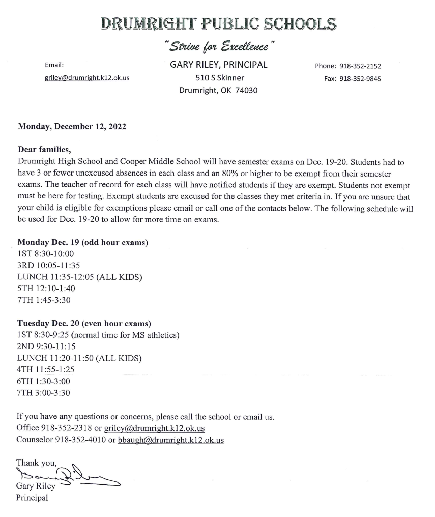 Semester Exemptions letter